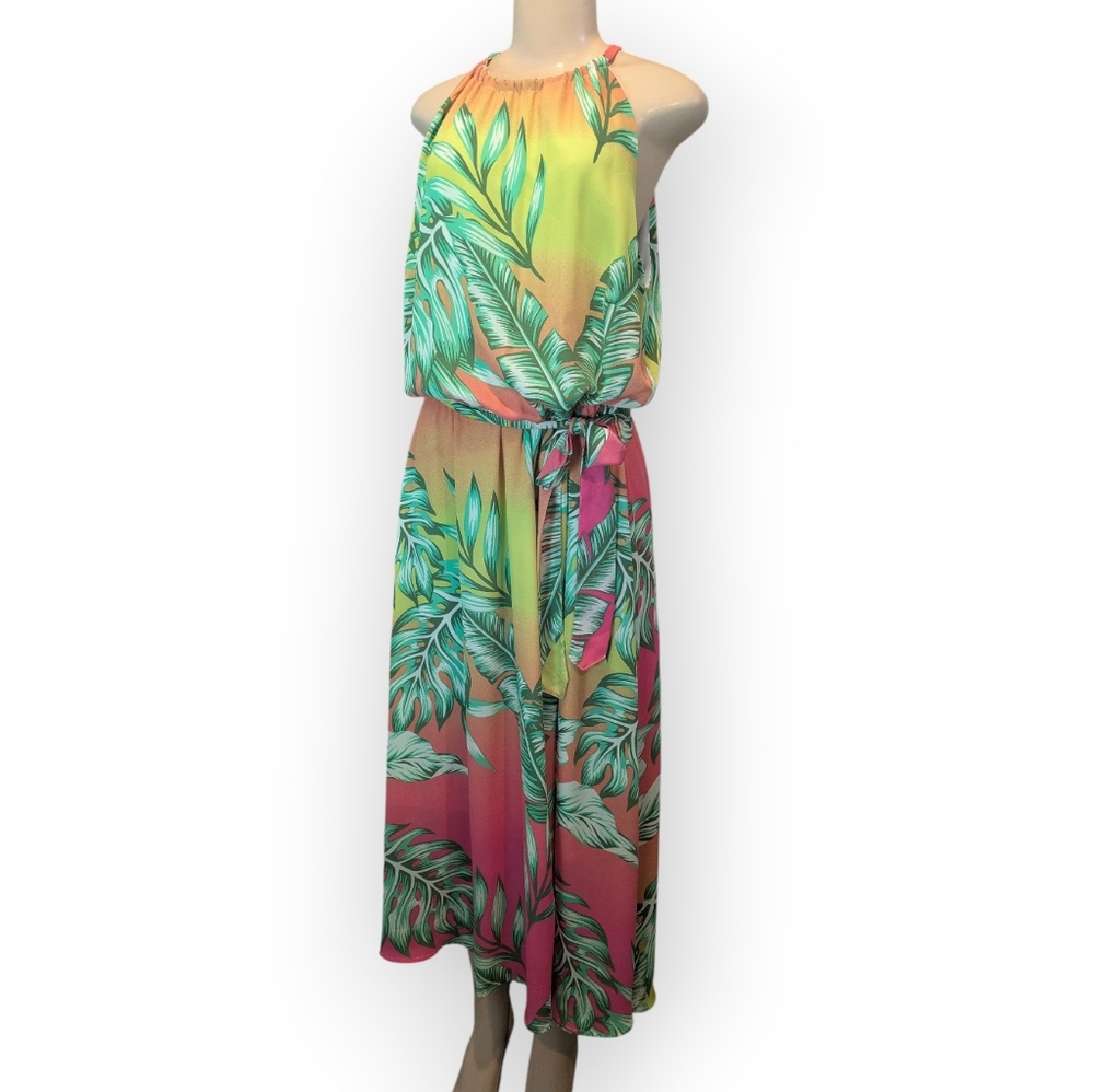 Ashley Stewart Tropical Sunset Hue Palm Print Halter Belted Maxi Dress 14/16 NWT - Picture 7 of 16